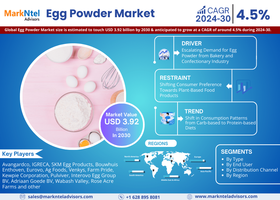 Egg Powder Market Valued at USD 3.92 BILLION BY 2030, Growing at a CAGR of 4.5% – Exclusive Report by MarkNtel Advisors